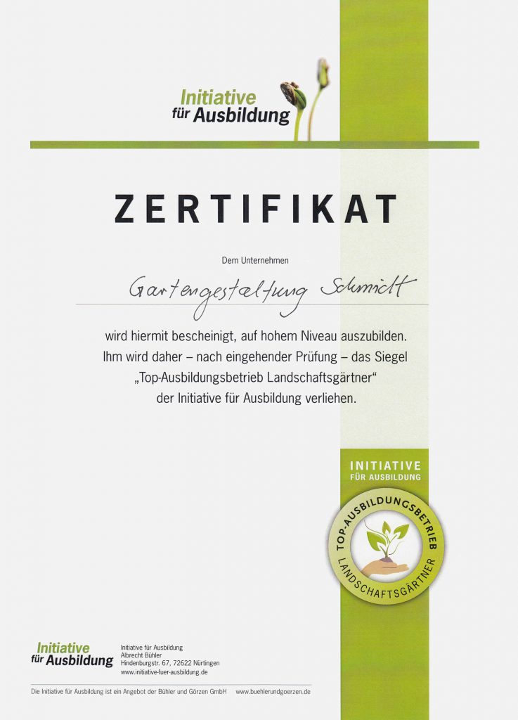 Zertifikat Top-Ausbildungsbetrieb Landschaftsgärtner